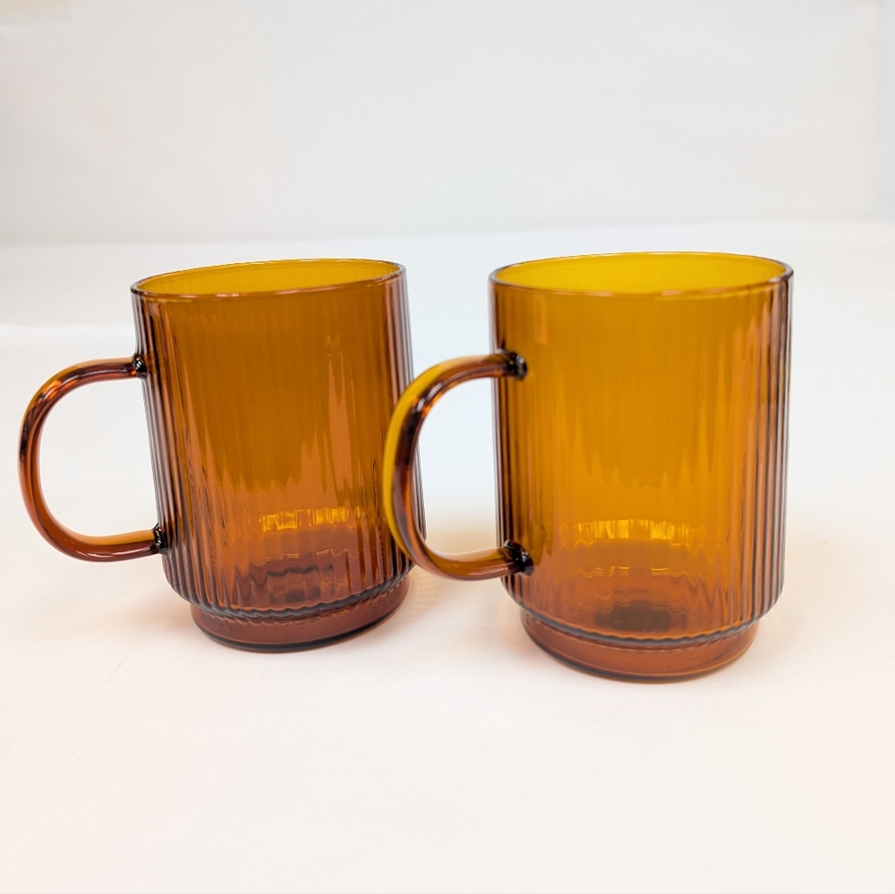 Vintage Amber Glass Coffee Mugs, Mid-Century Modern (MCM) Ribbed Fluted